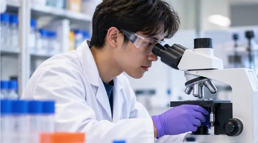 Early-career researcher using a microscope in a laboratory
