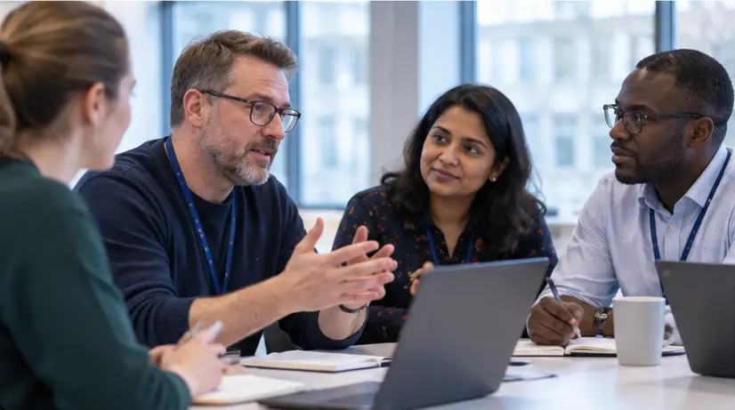 Research and professional partners discussing work together at a meeting