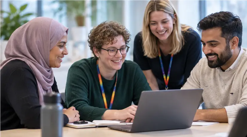 Researchers from different backgrounds collaborating around a laptop