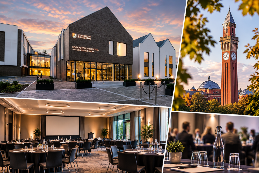 Edgbaston Park Hotel, University of Birmingham, with Old Joe and a conference room set up for a Centre meeting