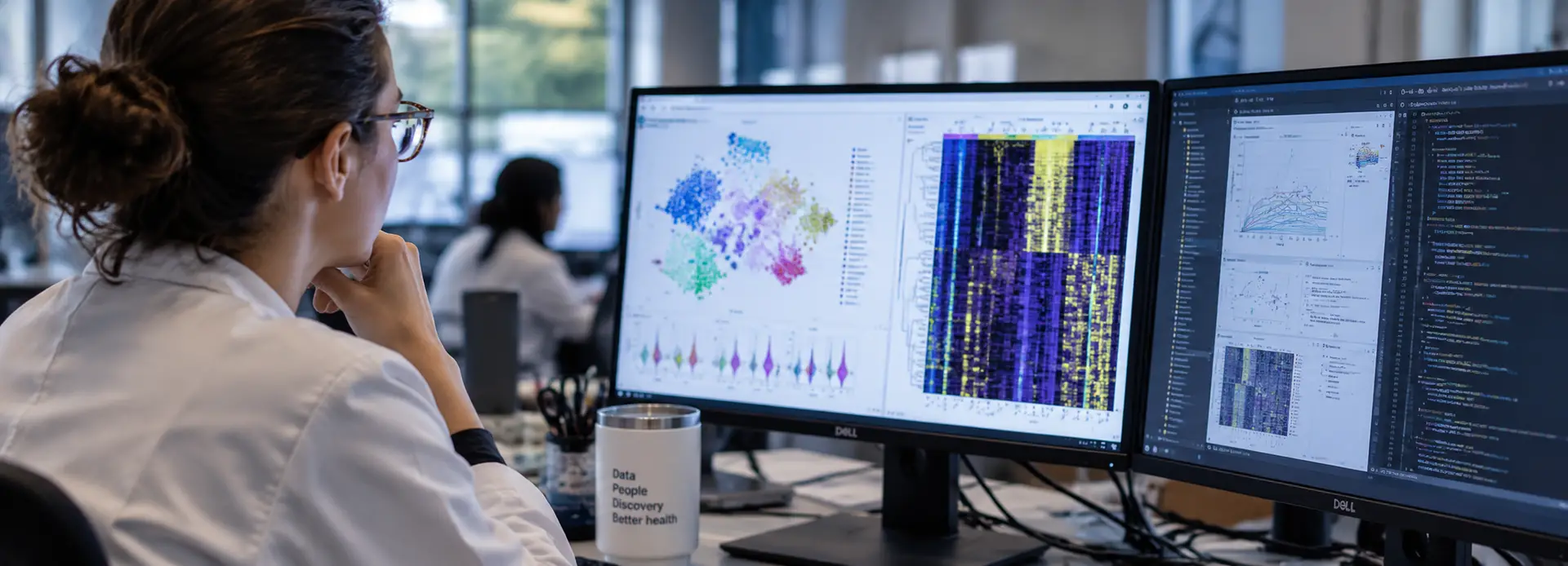 Researcher analysing complex biological data across multiple computer screens