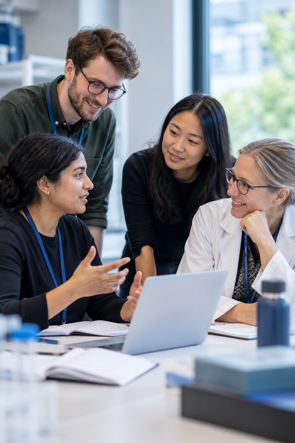 Researchers collaborating around a table in a university research setting