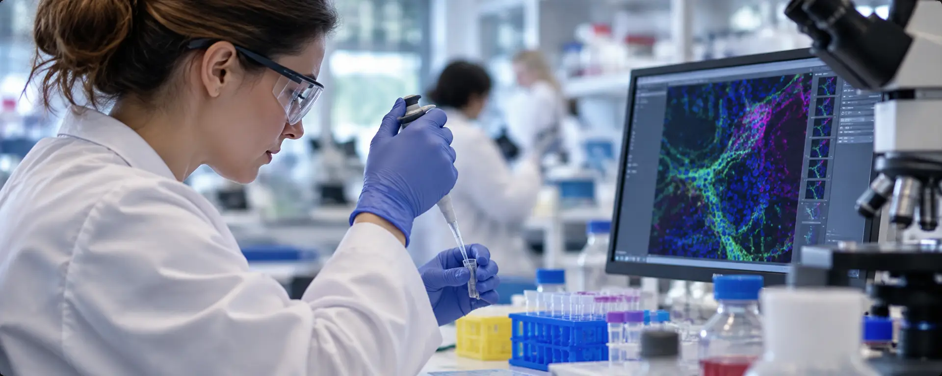 Researcher examining tissue samples using microscopy in a biomedical laboratory