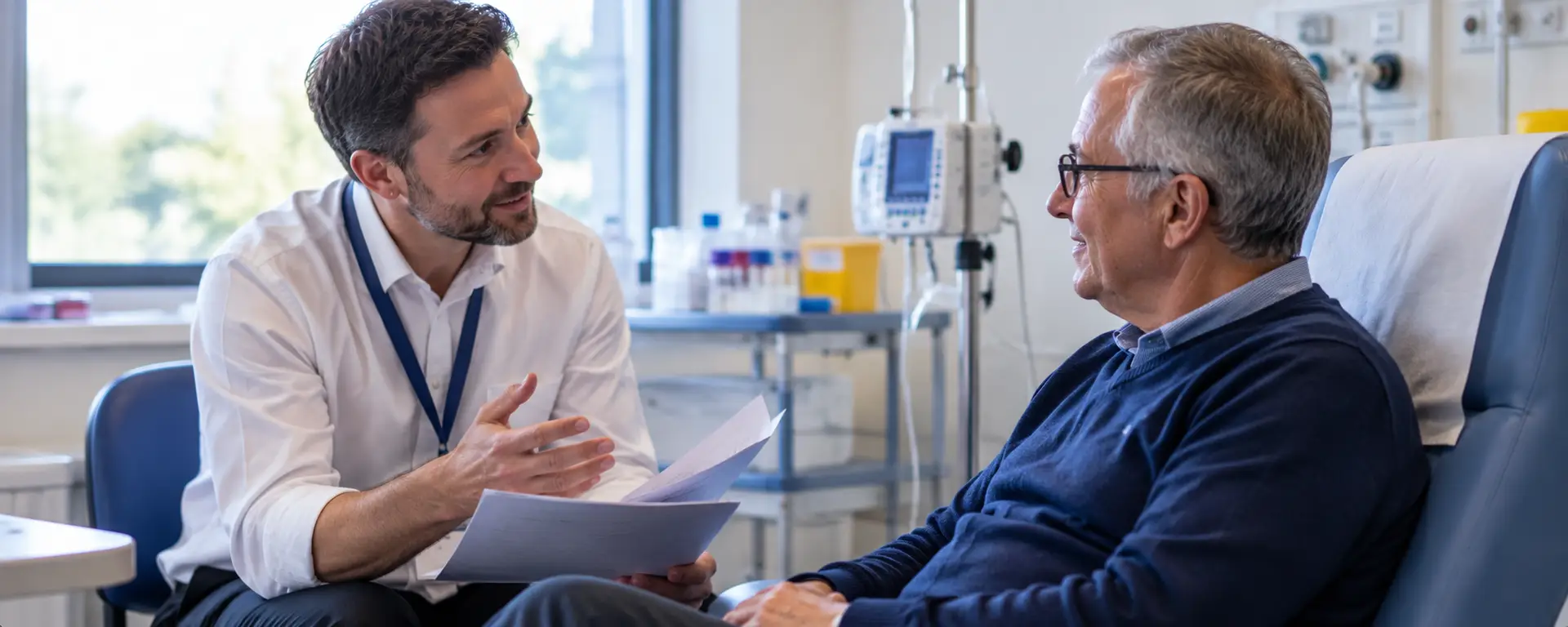 Clinical researcher discussing an experimental medicine study with a patient