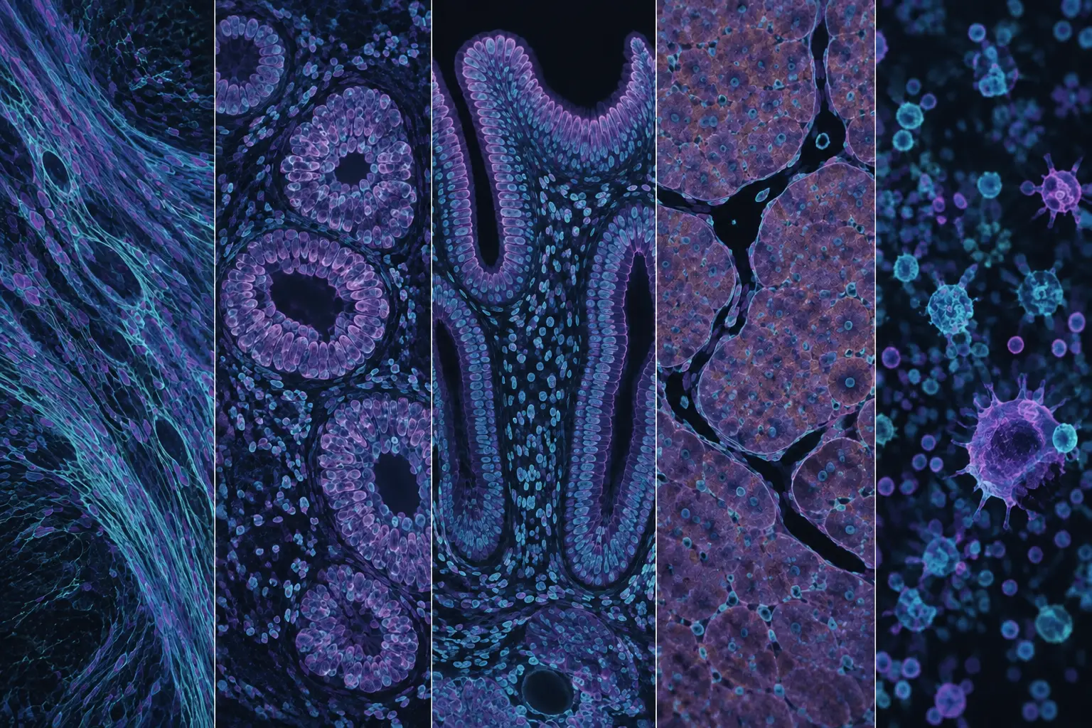 Illustrative microscopy-style images representing different tissues and immune cells