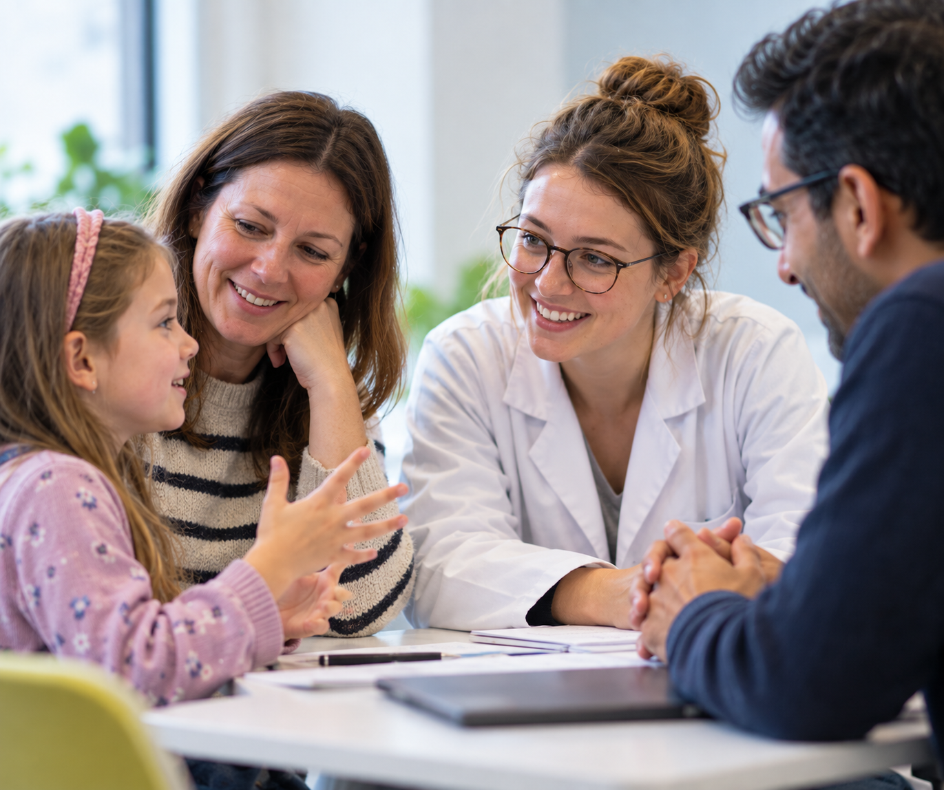 Child and parent sharing their views with researchers during a discussion